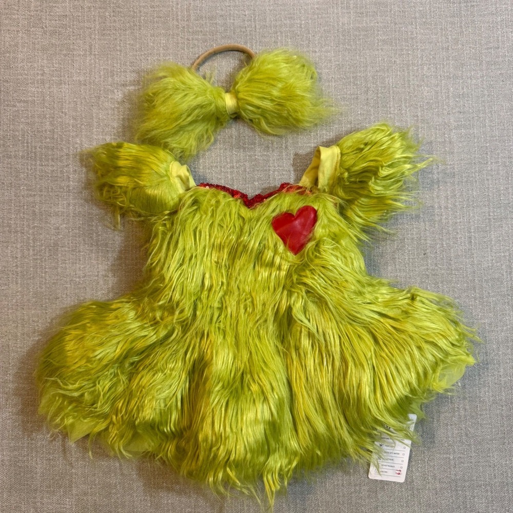 Baby Girls Grinch Christmas Costume Dress 18M Green Faux Fur Heart Headband